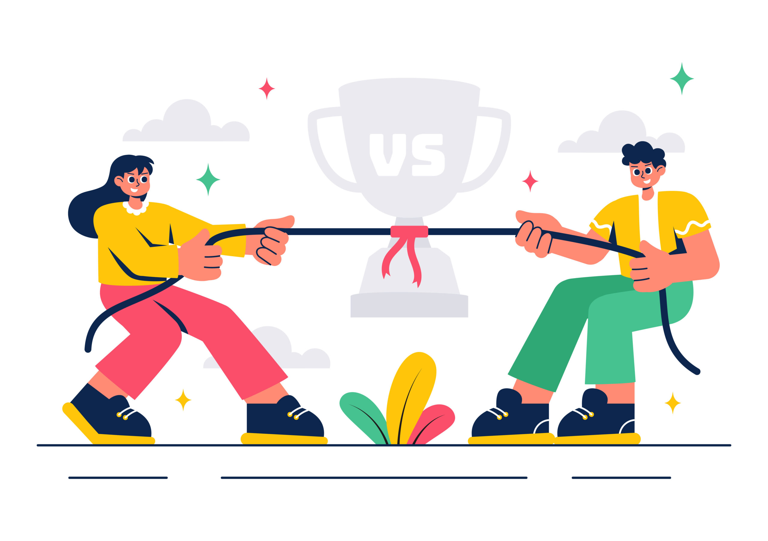 Kuvituskuva, jossa kaksi ihmistä vetää köyttä, symboloiden hakukoneoptimoinnin ja Google Adsin välistä strategista valintaa.